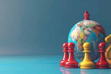 Chess Pieces and Globe in the concept of global strategy or diplomacy - obrazy, fototapety, plakaty