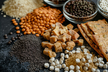 A diverse spread of legumes, whole grains, and sweet jaggery on a dark surface, showcasing a variety of health foods.