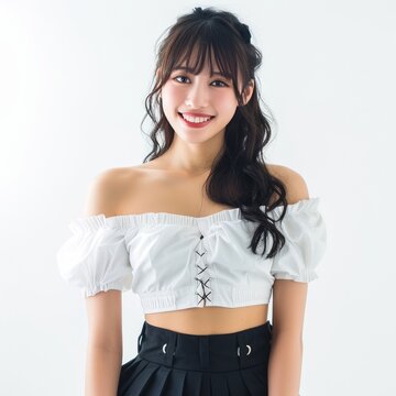 Pretty Young Japanese Woman in Off the Shoulder Blouse photo on white isolated background