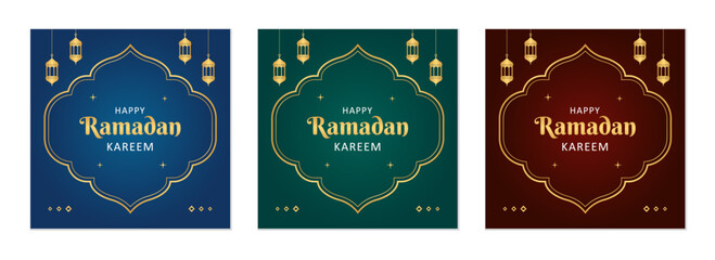 Islamic Ramadan celebration poster template design with gold frame and lantern illustration. Set of Ramadan square background for social media post