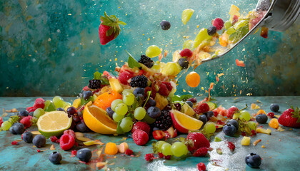 Fototapeta na wymiar Fruitful Mayhem: Messy Spill of Colorful Fruit Salad
