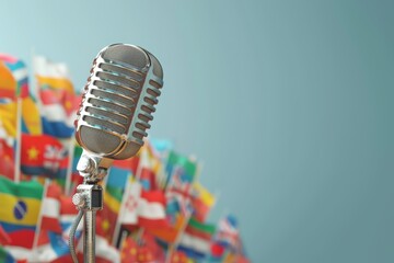 Microphone and World Flags in the concept of international music or events - obrazy, fototapety, plakaty