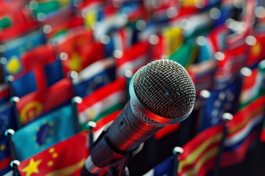 Microphone and World Flags in the concept of international music or events