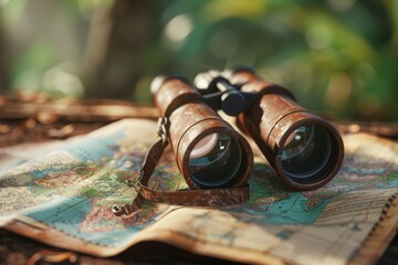 Binoculars and Map in the concept of exploration and adventure