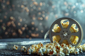 Film Reel and Popcorn in the concept of movie night or entertainment - obrazy, fototapety, plakaty