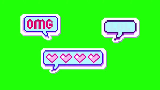 Pixel art frames. Retro game UI play buttons, speech bubbles messages and quote frames vector set. Hearts Emoji, Text Messages, Heart speech bubble, Pixel emoji, Computer video game, love symbol