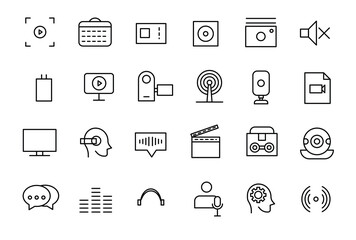 Podcast and education set of web icons in line style. Learning icons for web and mobile app. E-learning, video tutorial, knowledge, study, school