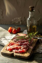 Slices of meat on wooden chopping board.