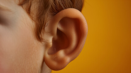 Detailed image of a child's small ear. - obrazy, fototapety, plakaty