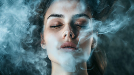 Mysterious woman exhaling swirls of smoke.
