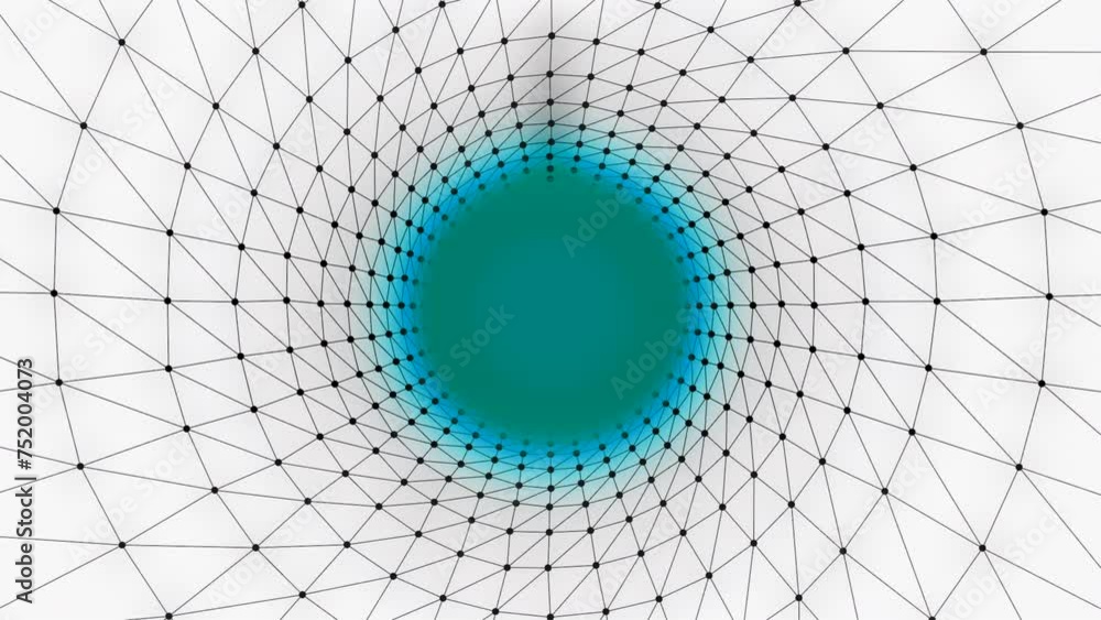 Poster moving tunnel with grid and colored cloud. design. 3d tunnel with grid and dots on white background 
