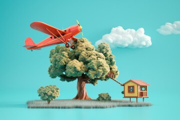 Children Airplane and Treehouse in the concept of playing in the children field - obrazy, fototapety, plakaty