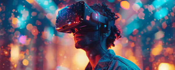 Man wearing a virtual reality headset and holding a controller. Exploring a digital world with immersive graphics and sounds