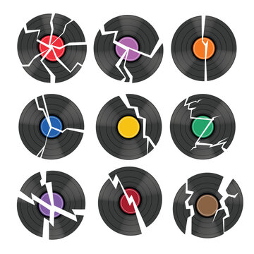 Set of broken records collection, Broken compact cd cassette vector illustration, Cool circle shaped, destroyed and wrecked cd, Broken Blank Vinyl Broken vinyl record with unlabeled red center.