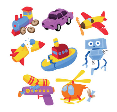 Set of broken toys collection, cartoon toys for kid children with Train, Car, Airplane, Rocket, Ship, Robot, Water Gun, Helicopter, Recycling garbage vector trash elements trash illustration.