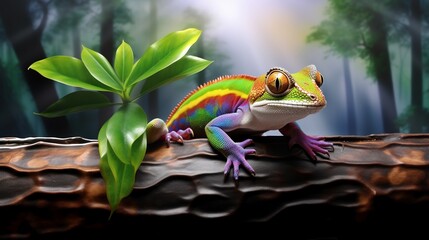 Environmental art masterpiece camouflaged gecko blending into glossy nature textures vibrant...