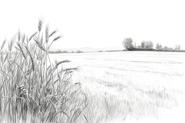 Wheat field,meadow, trees. Rural scenery landscape panorama of countryside. Vintage pencil sketch