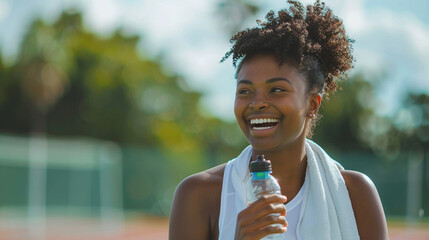 A cheerful young woman enjoying a refreshing drink of water after a tennis match, embodying health and vitality.