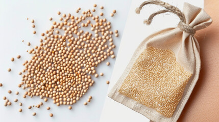 A small pouch filled with golden seeds and tiny magnets is shown next to a picture of a human ear indicating the use of auriculotherapy.