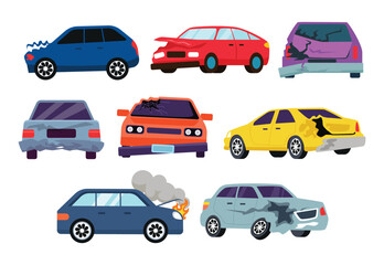 Set of broken car set collection, Car accident. Damaged transport on the road repair service insurances vehicle cartoon, Accident crash car, emergency broken and insurance auto, Vehicle wreck.