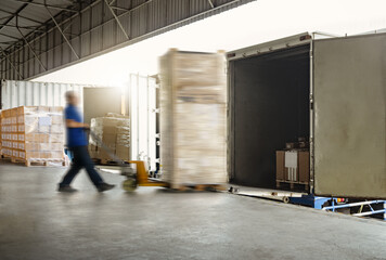 Workers Unloading Package Boxes Pallets into Container Truck. Loading Dock Warehouse. Warehouse Shipping, Supply Chain, Supplies Shipment, Freight Truck Logistics, Cargo Transport.