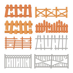 Set of broken fence set collection, Fencing, Destroy or break fencing, plank loophole in wood fence, timber backdrop farm garden gates with hole, old board wooden picket barrier cartoon, broken wall.