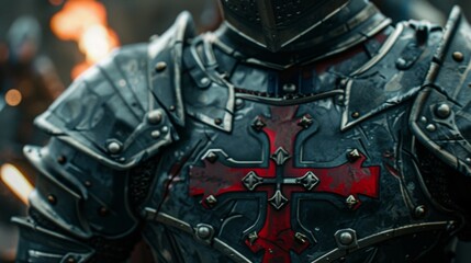 The bright red cross emblazoned on a Teutonic Knights chestplate stands out against the dark metal of his armor.
