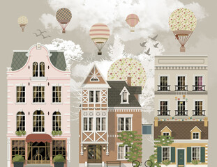 Vintage houses with balloons and birds in the sky and forest on the background wallpaper