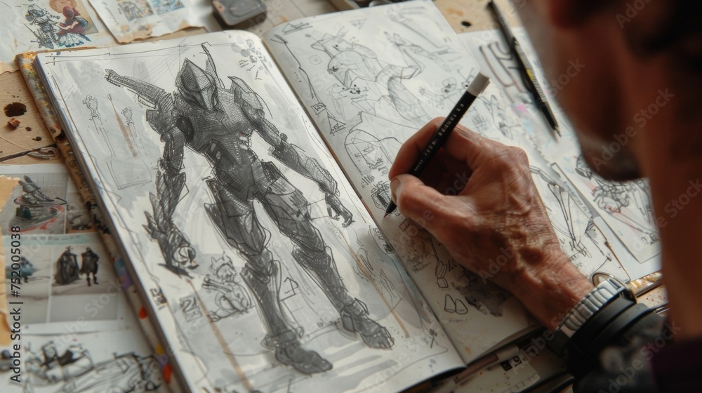 Poster a detailed shot of a game designers hand sketching out ideas for a new level or character in a cyber