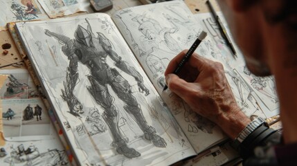 A detailed shot of a game designers hand sketching out ideas for a new level or character in a cybersport game. The sketchbook features sketches and notes alongside images