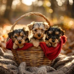 Yorkshire Terrier Puppies in a Basket with, Three Yorkshire Terrier puppies snuggle in a basket with a red blanket amidst autumn leaves. Blanket