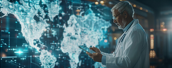 A doctor using a tablet computer to diagnose a patient remotely, with a world map in the background.
