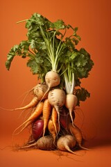 Radish and carrot on orange colour background