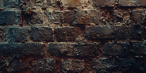 Textured old brick wall with varying shades of brown and weathered surfaces, ideal for backgrounds or patterns.
