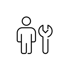 Person and wrench. Website maintenance and trouble-shooting. Digital engineering and customization. Vector icon