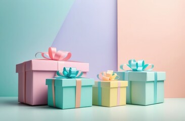 Pastel colored gift boxes place for text. multicolored gift boxes background for text