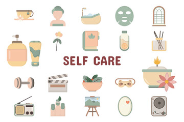 Fototapeta na wymiar Self Care Flat Vector Illustration Icon Sticker Set Design Materials
