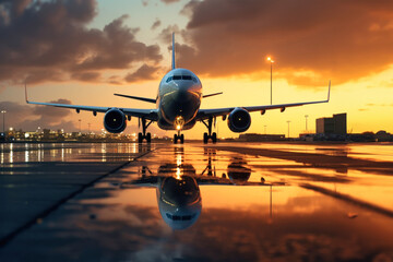 Passenger plane on the runway. Airplane landing against sunset background. Air passenger transportation. - obrazy, fototapety, plakaty