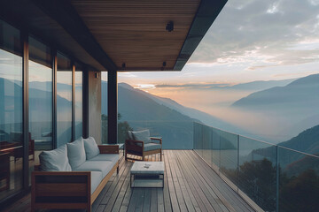 The resort's balcony design is high on the mountain and offers a beautiful mountain view. Ai generate. - obrazy, fototapety, plakaty