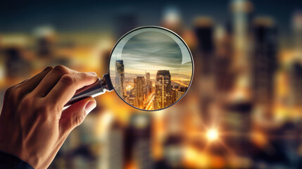 Businessman Realtor Examining City With Magnifying Glass