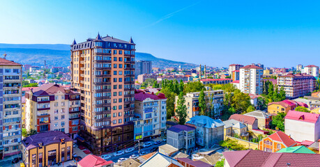 Panoramic view of the city of Makhachkala in the Republic of Dagestan. Trip, travel on vacation. Cityscape.