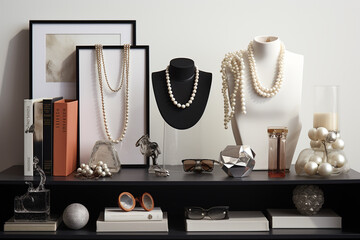 Still life, fashion, lifestyles concept. Various expensive and luxury women jewelry home showcase. Collection of fancy jewelry and accessories - obrazy, fototapety, plakaty