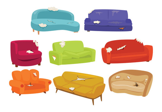 Set of broken sofa set collection, colorful cartoon broken chair, Dirty broken sofa needs repair, Torn old couches with pillows for living room, Furniture, interior design,  broken room stuff.