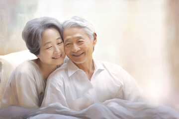 An elderly Asian man and woman sit together on a couch, sharing a moment of relaxation and companionship