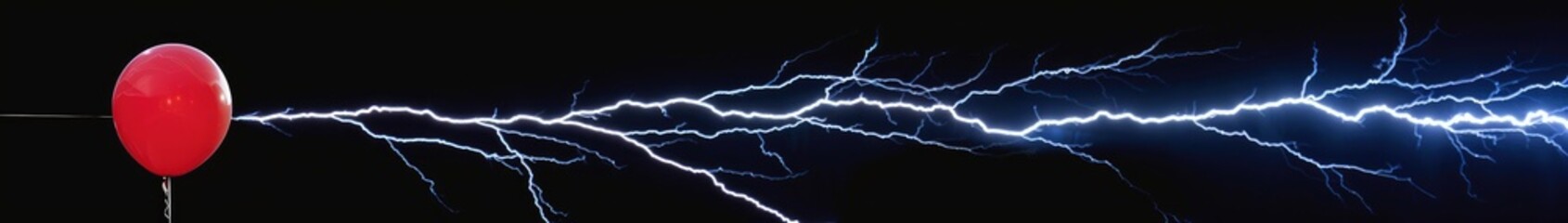 A red hot air balloon flies through a thunderstorm. Balloon and lightning.