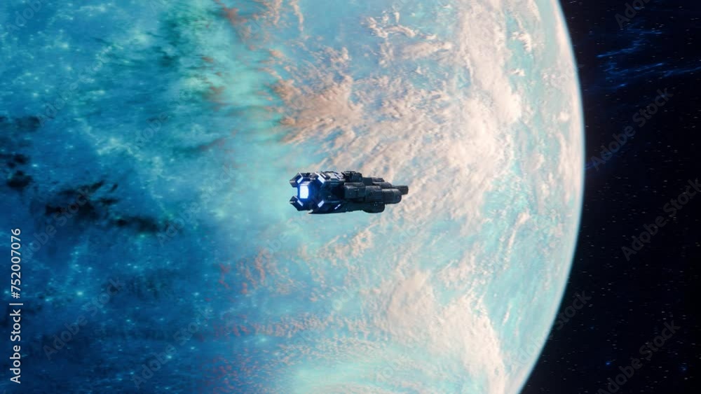 Wall mural spaceship crusing above an alien planet in deep space