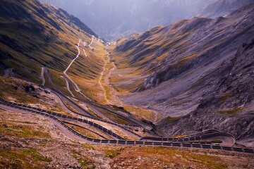 Winding hairpin road in mountains. Stelvia Pass. Italy