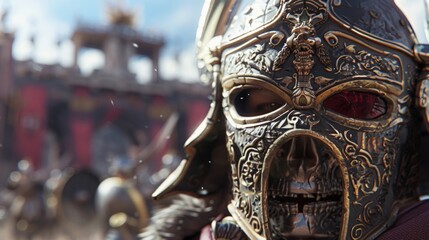 Obraz premium A closeup of a cataphracts helmet with intricate designs and a fierce visor.