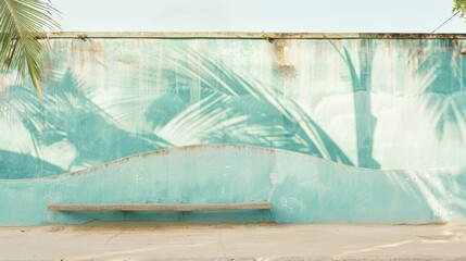 Soothing palm leaf shadows on a weathered bench against a turquoise wall, embodying the stillness of a tropical oasis