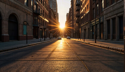 A Sunset light shines  and casting a warm glow over the empty street with no people